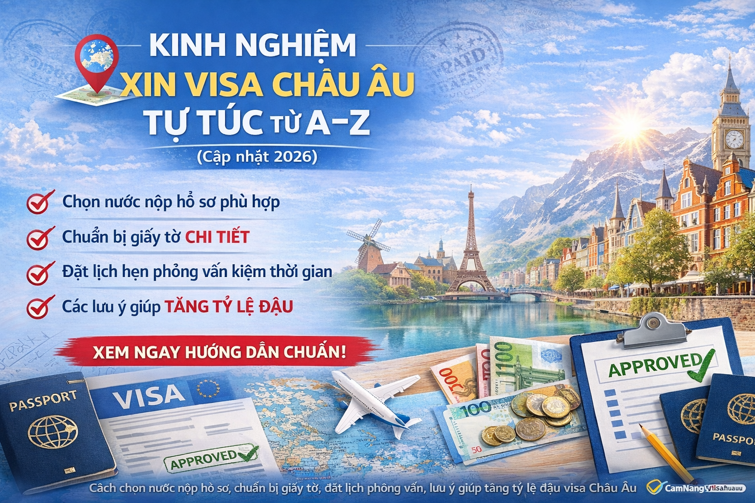 Kinh nghiệm xin visa Châu Âu tự túc từ A–Z (cập nhật 2026)